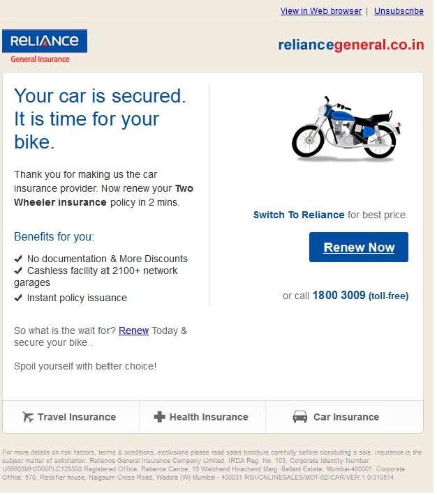 Choose Reliance General Insurance to renew your Bike Insurance Policy